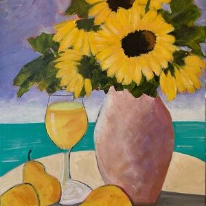 Sunflower and Pears Canvas Art with Yellow and Green Accents original painting